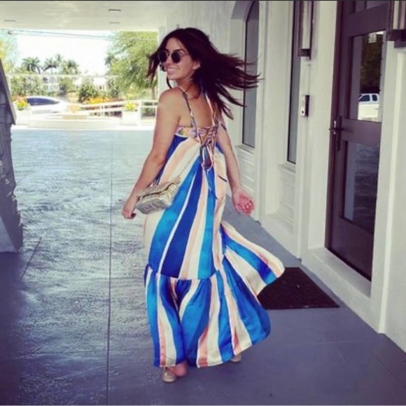 LEMLEM X H&M Blue and Pink Satin Ruffled Stripe Maxi Dress Size M - Picture 7 of 16